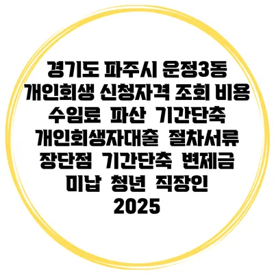 경기도 파주시 운정3동 개인회생 신청자격 조회 비용 수임료 | 파산 | 기간단축 | 개인회생자대출 | 절차서류 | 장단점 | 기간단축 | 변제금 미납 | 청년 | 직장인 2025