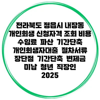 전라북도 정읍시 내장동 개인회생 신청자격 조회 비용 수임료 | 파산 | 기간단축 | 개인회생자대출 | 절차서류 | 장단점 | 기간단축 | 변제금 미납 | 청년 | 직장인 2025