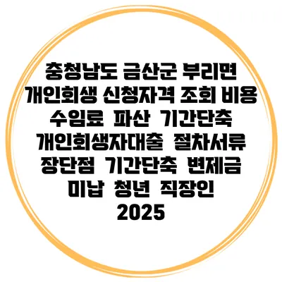 충청남도 금산군 부리면 개인회생 신청자격 조회 비용 수임료 | 파산 | 기간단축 | 개인회생자대출 | 절차서류 | 장단점 | 기간단축 | 변제금 미납 | 청년 | 직장인 2025